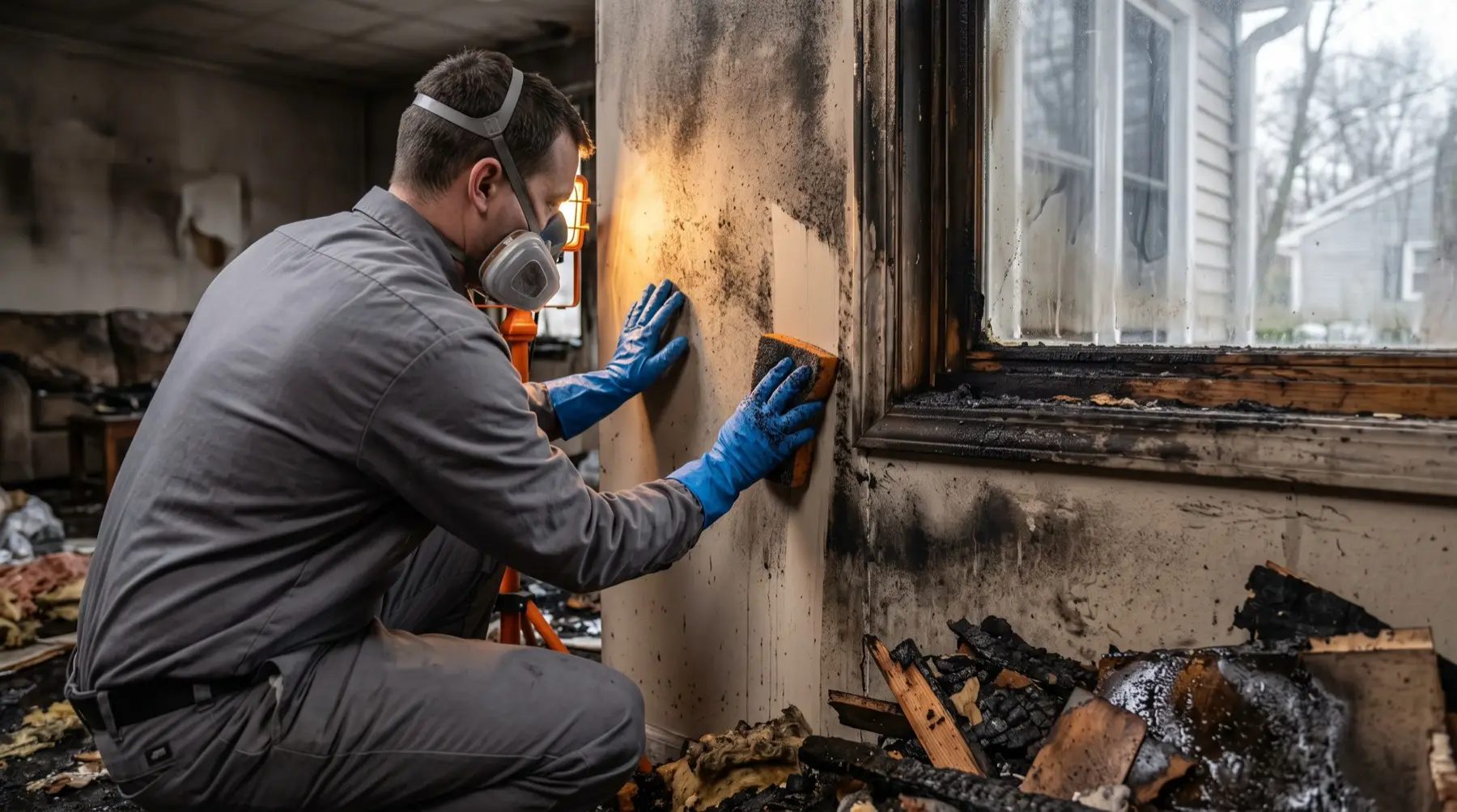 Restoration technician cleaning soot and smoke damage after a house fire in Mineral Wells, TX