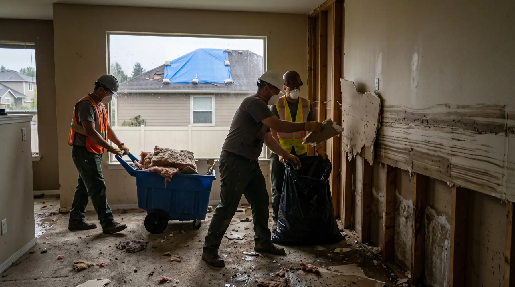Crew removing water and debris from a flood-damaged home in Mineral Wells, TX