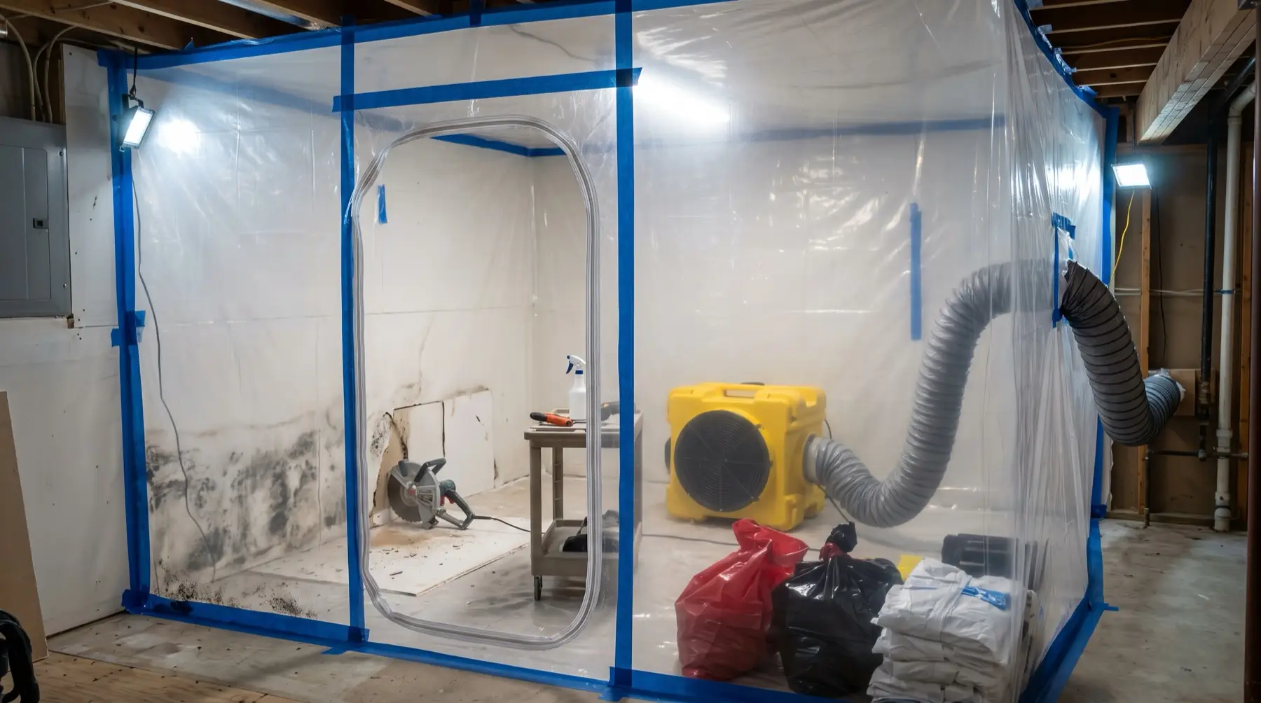Containment barrier and air scrubber set up for mold remediation in Mineral Wells, TX