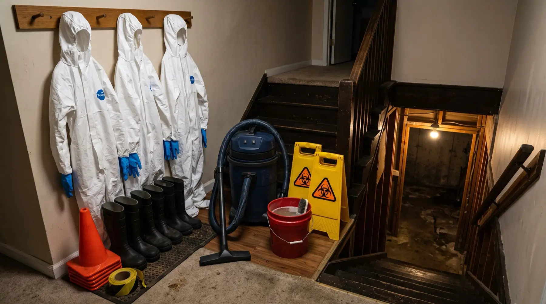 Protective gear and cleaning equipment staged for a sewage backup cleanup in Mineral Wells, TX