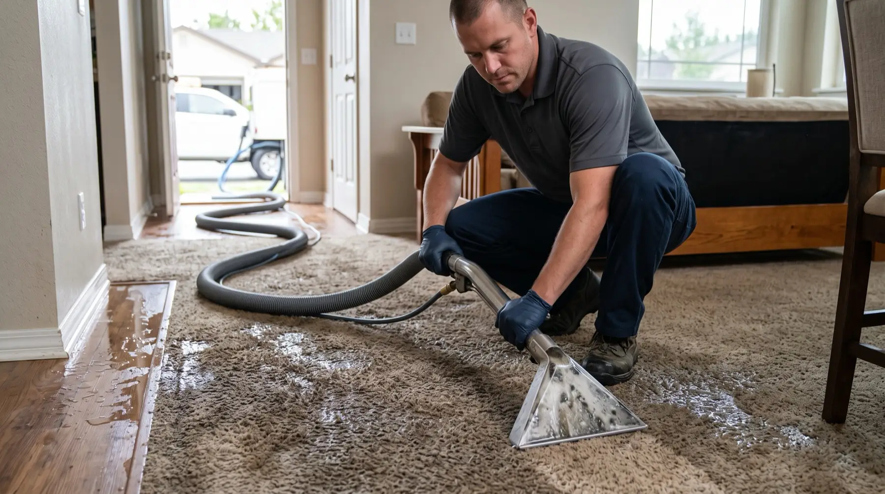Truck-mounted water extraction unit removing standing water from a flooded home in Mineral Wells, TX